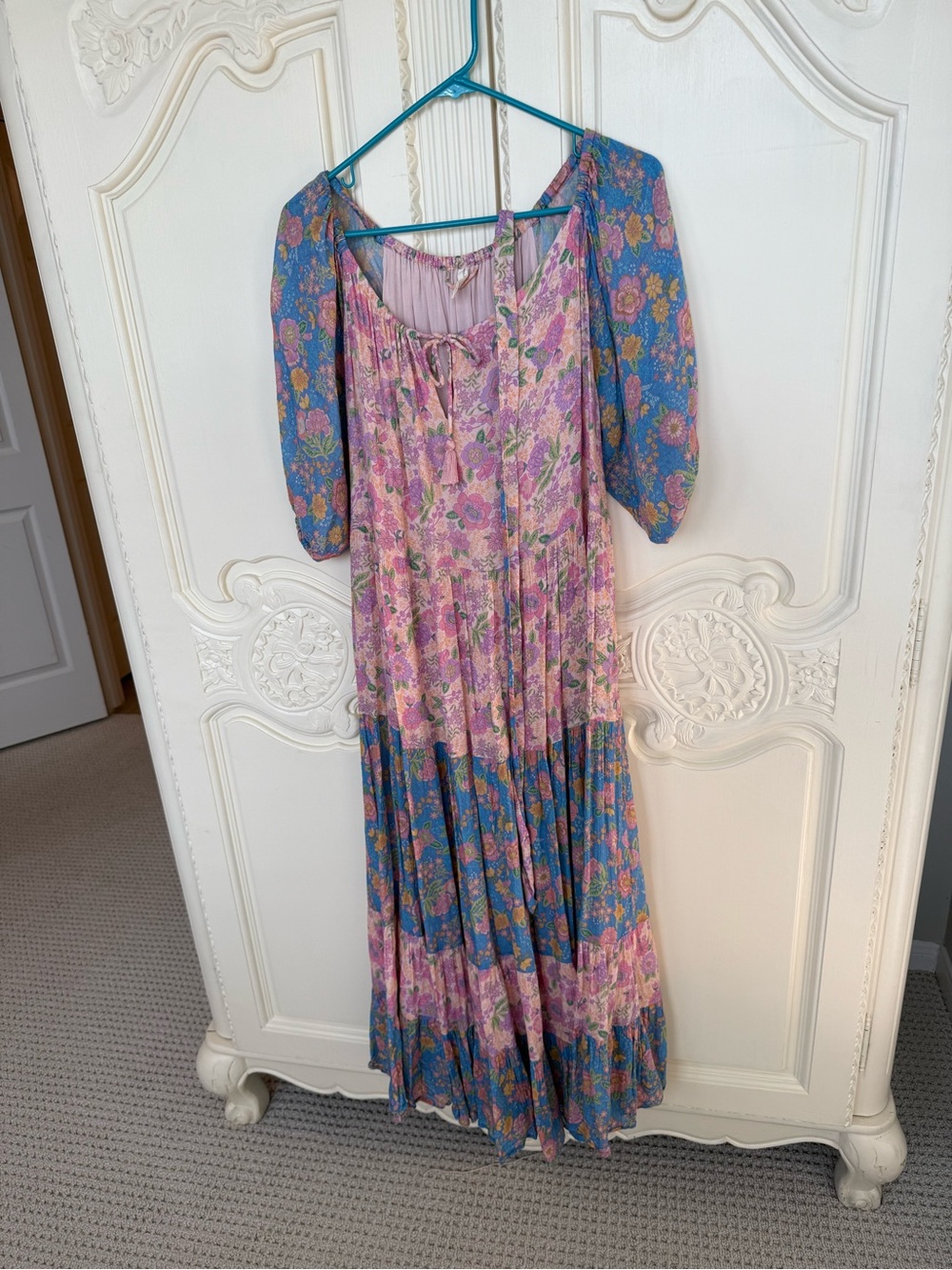 Spell Rae Gown in Juniper tiered Pink and Blue Floral Tiered Maxi Dress